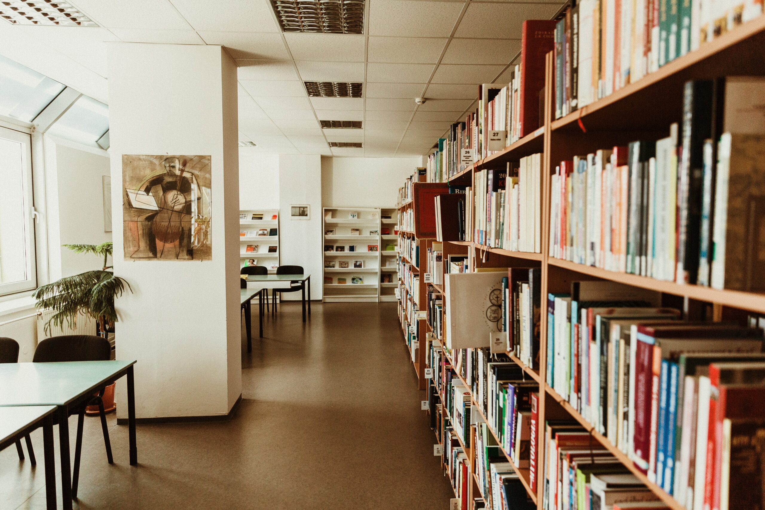 Bibliotēkas telpas, kur labajā pusē ir grāmatas un kreisajā galdi lasīšanai