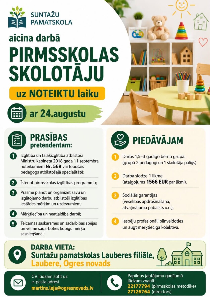 Suntažu pamatskola aicina darbā pirmsskolas skolotāju Lauberes filiālē uz noteiktu laiku no 24. augusta.